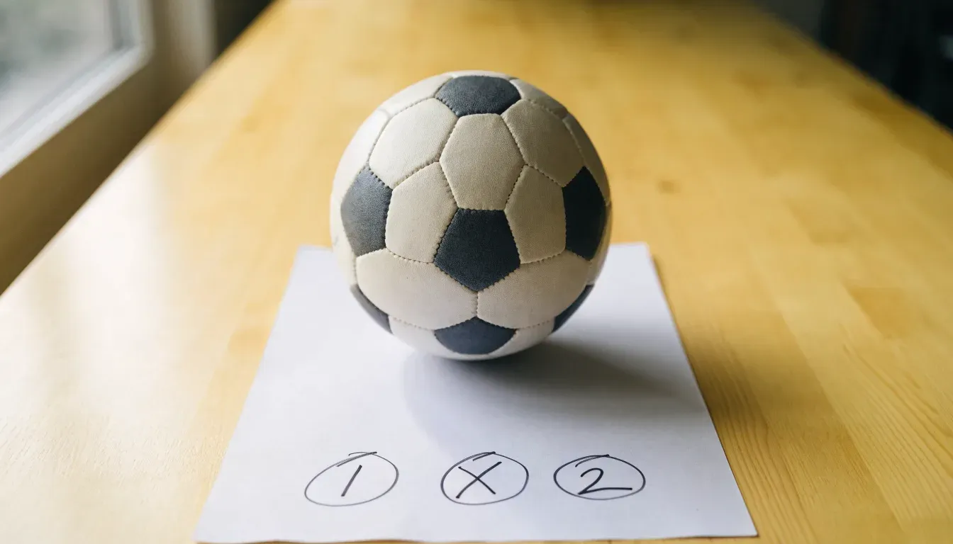 Un pallone da calcio appoggiato su una schedina bianca su un tavolo di legno, alla luce del giorno
