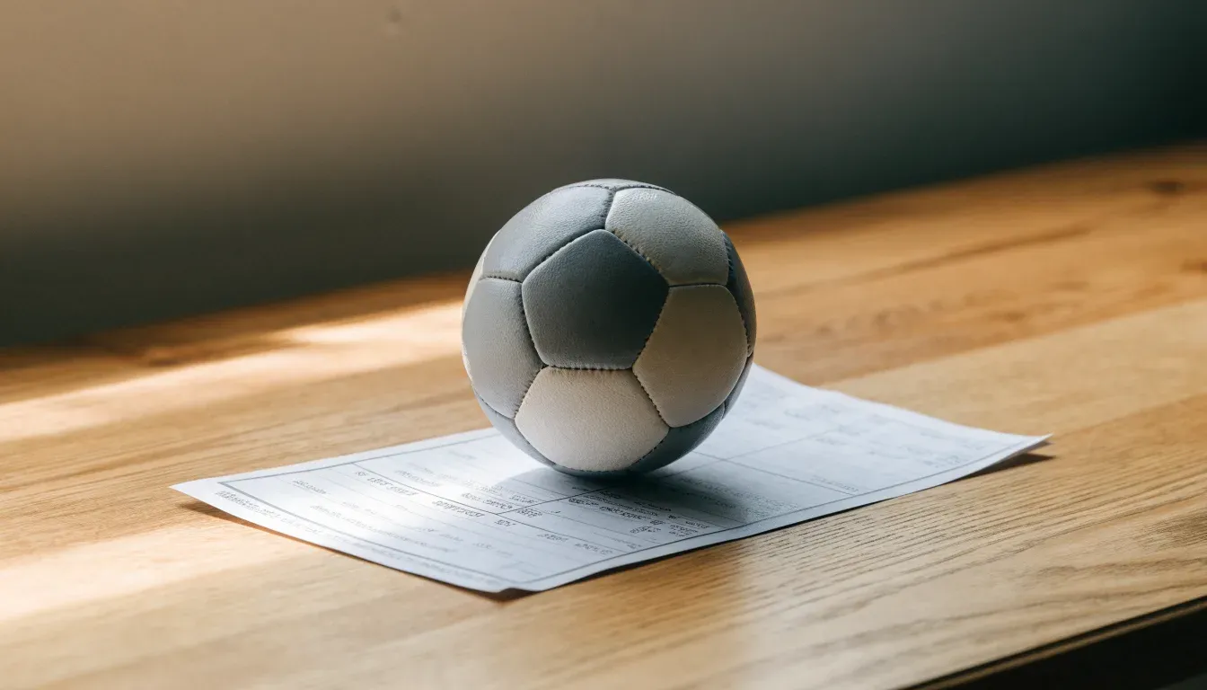 Un pallone da calcio appoggiato su una schedina bianca su un tavolo di legno, alla luce del giorno