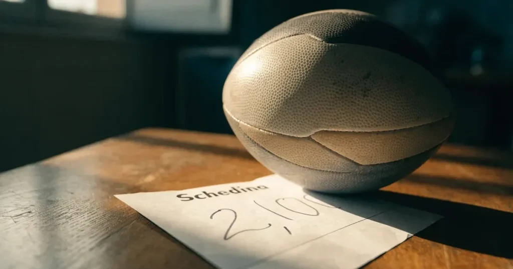 Un pallone da calcio appoggiato su una schedina bianca su un tavolo di legno, alla luce del giorno
