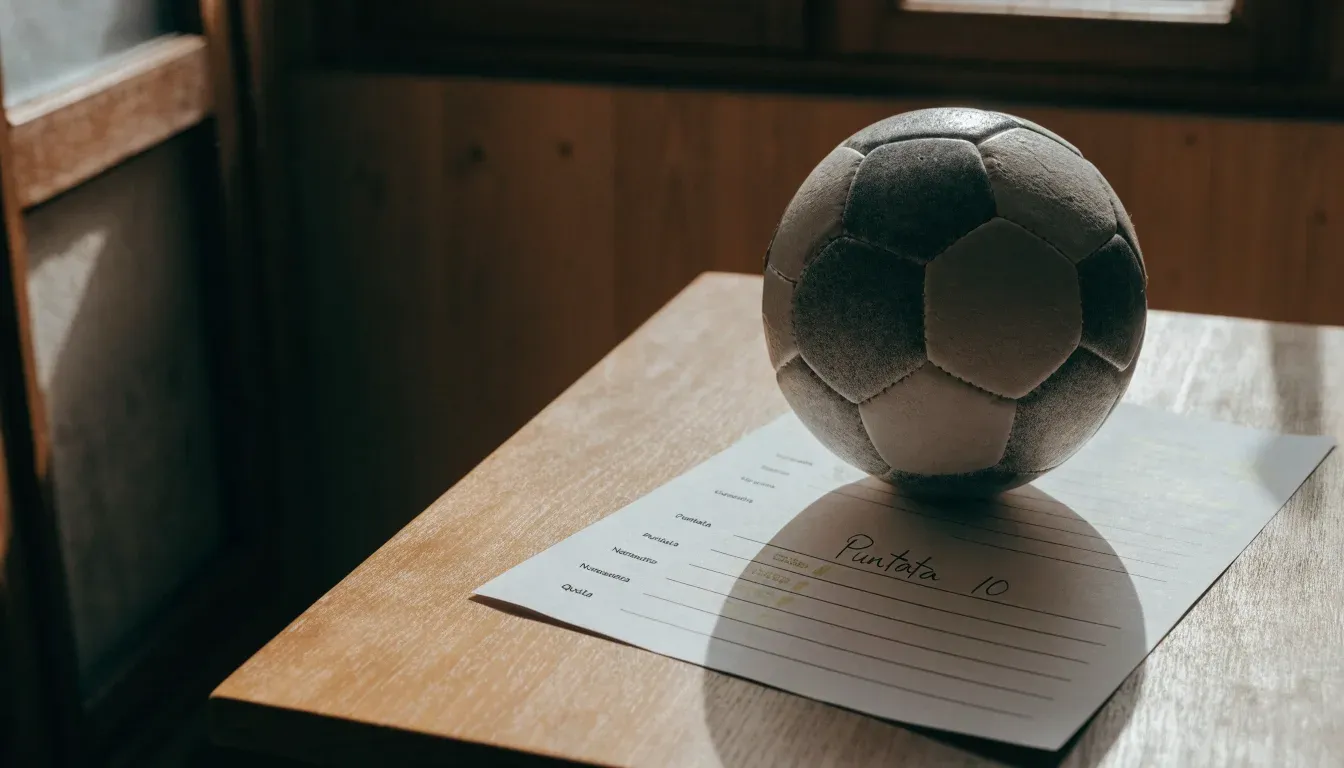 Un pallone da calcio appoggiato su una schedina bianca su un tavolo di legno, alla luce del giorno