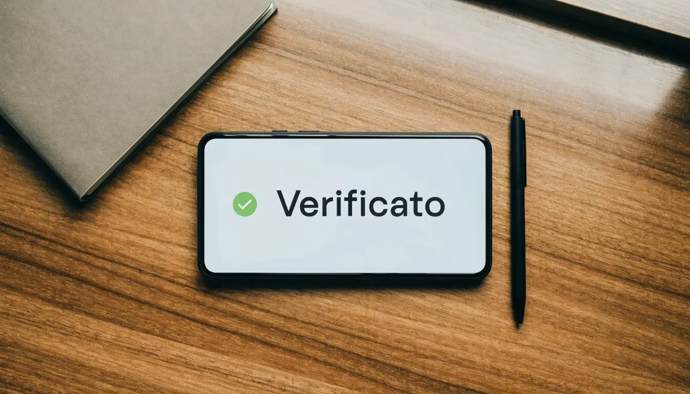Un foglio di concessione in carta con un timbro rosso, appoggiato su una scrivania di legno accanto a una penna