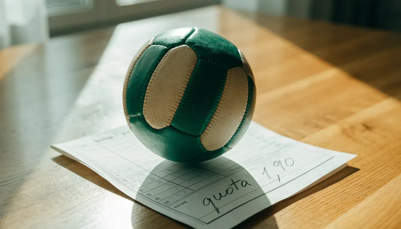 Un pallone da calcio appoggiato su una schedina bianca su un tavolo di legno, alla luce del giorno