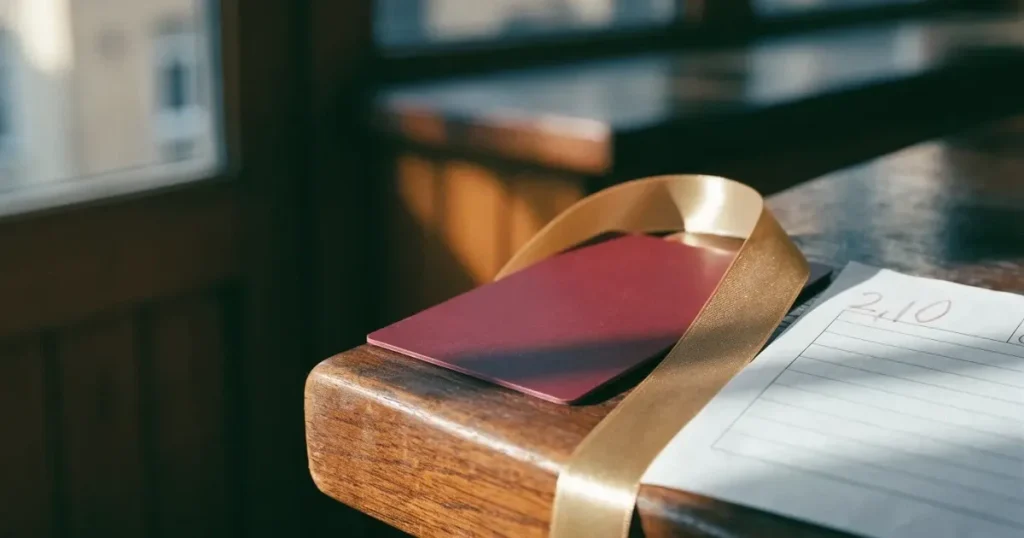 Un biglietto regalo con un nastro dorato accanto a una schedina su un bancone di legno