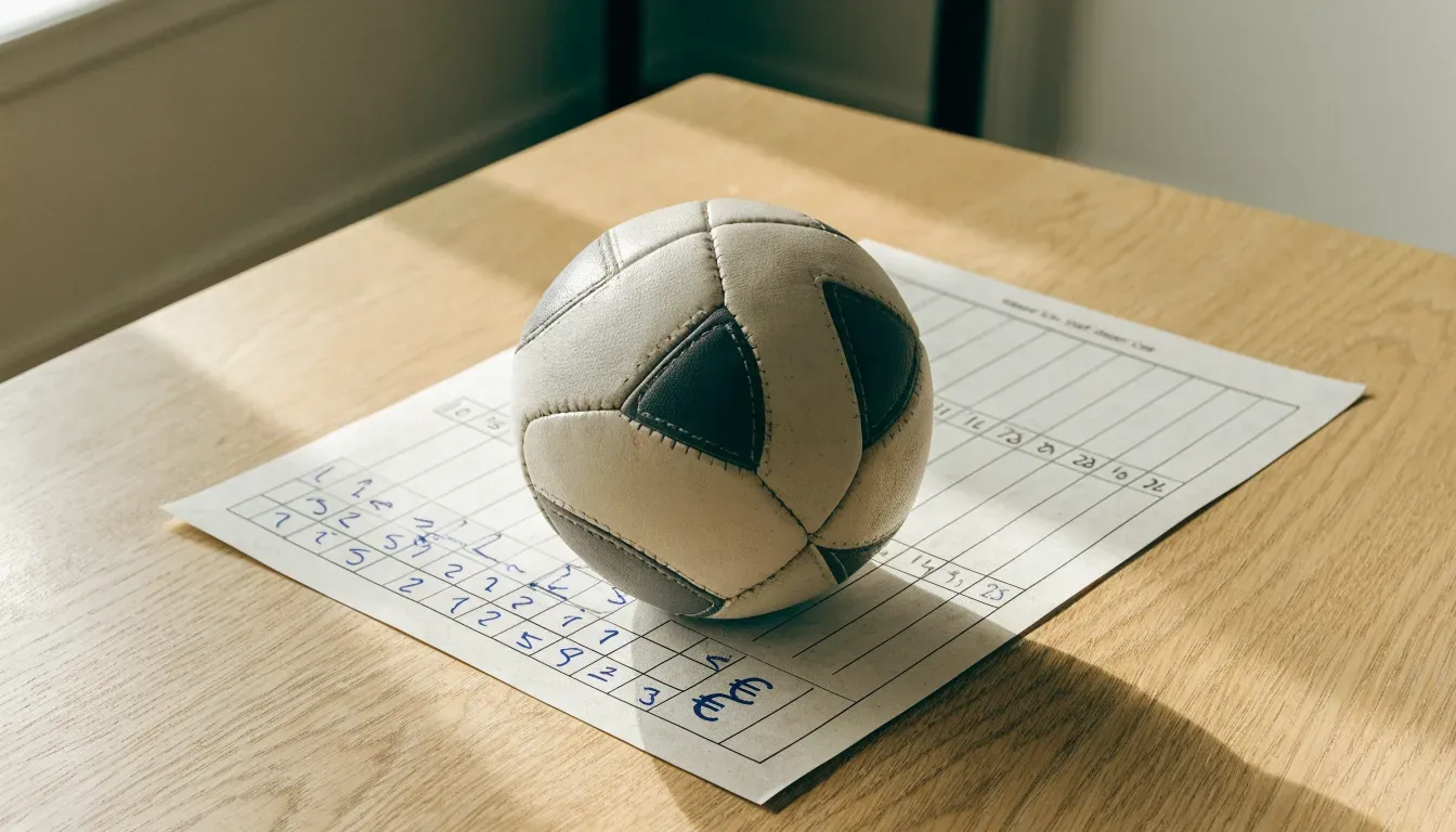 Un pallone da calcio appoggiato su una schedina bianca su un tavolo di legno, alla luce del giorno