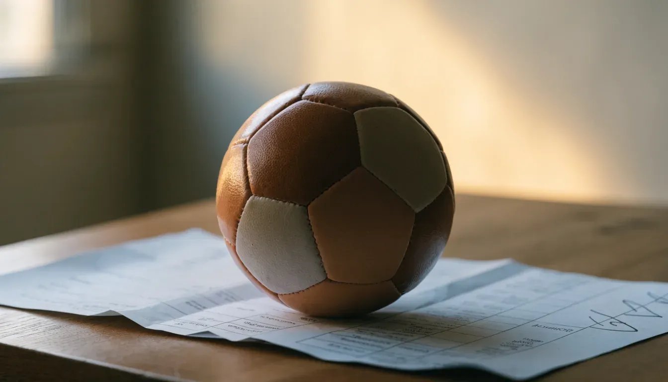 Un pallone da calcio appoggiato su una schedina bianca su un tavolo di legno, alla luce del giorno