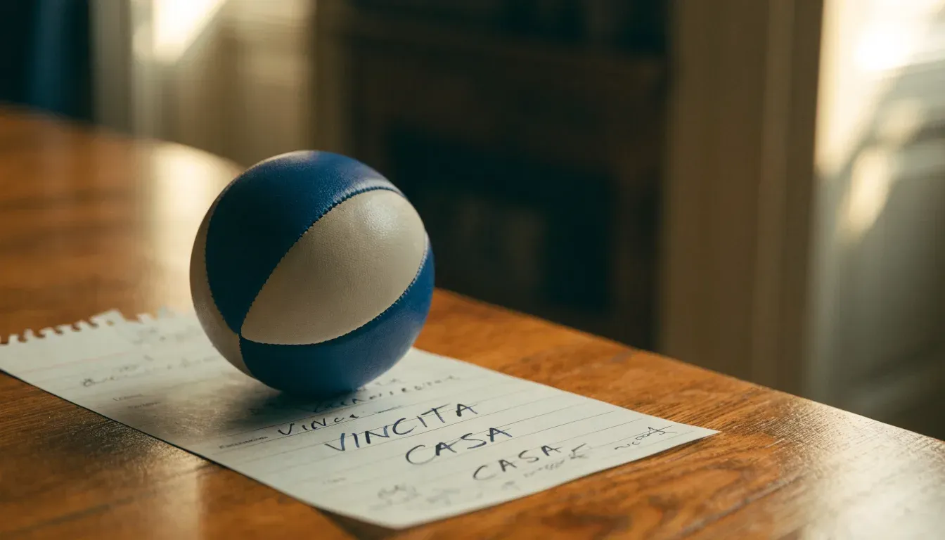 Un pallone da calcio appoggiato su una schedina bianca su un tavolo di legno, alla luce del giorno