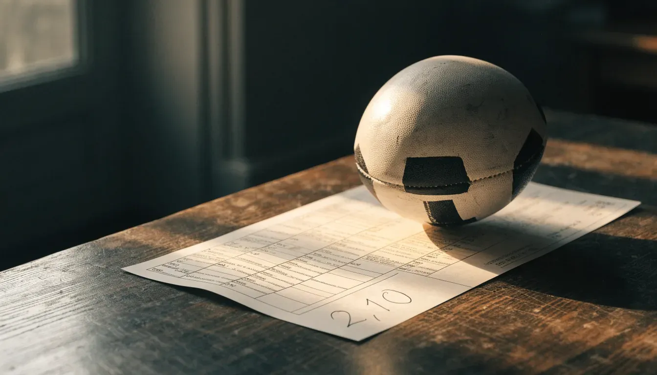 Un pallone da calcio appoggiato su una schedina bianca su un tavolo di legno, alla luce del giorno