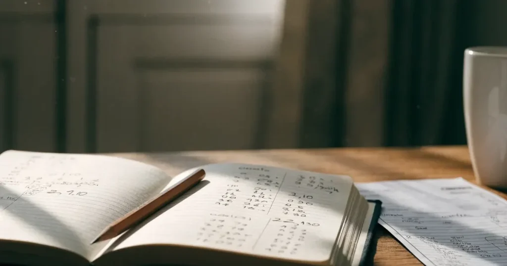 Un quaderno aperto con quote scritte a mano, una calcolatrice e una matita su un tavolo di legno