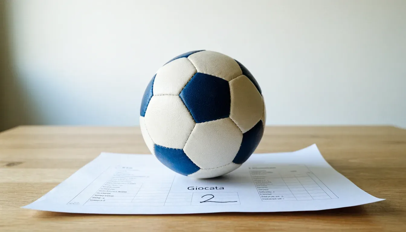 Un pallone da calcio appoggiato su una schedina bianca su un tavolo di legno, alla luce del giorno