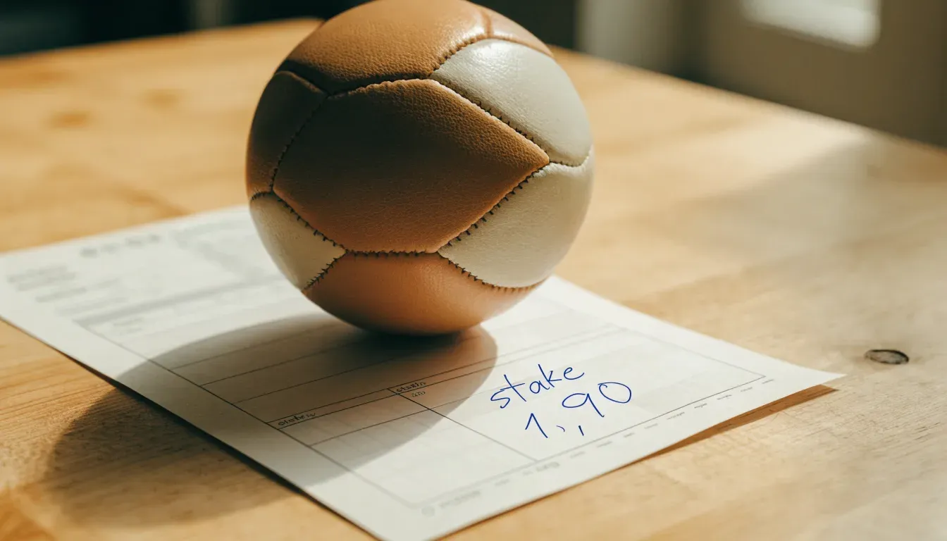 Un pallone da calcio appoggiato su una schedina bianca su un tavolo di legno, alla luce del giorno