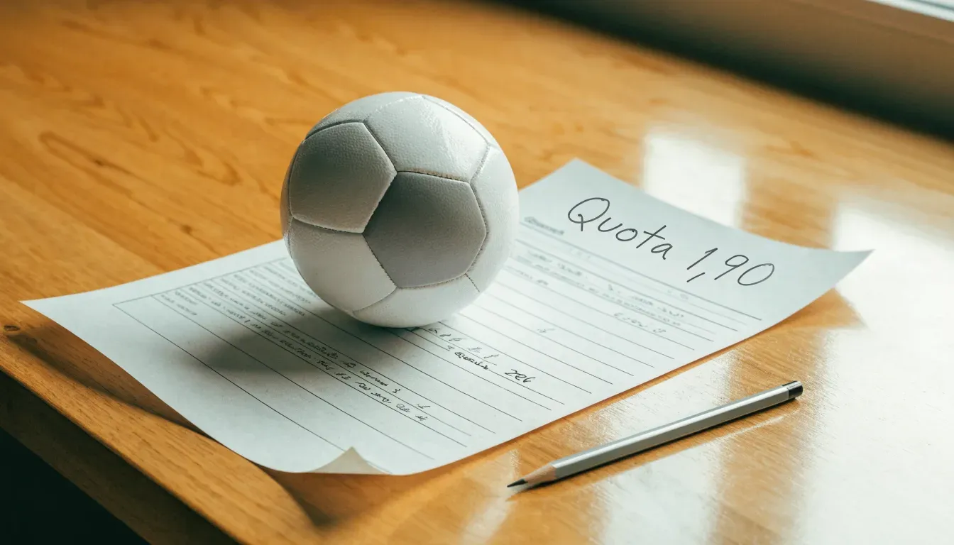 Un pallone da calcio appoggiato su una schedina bianca su un tavolo di legno, alla luce del giorno