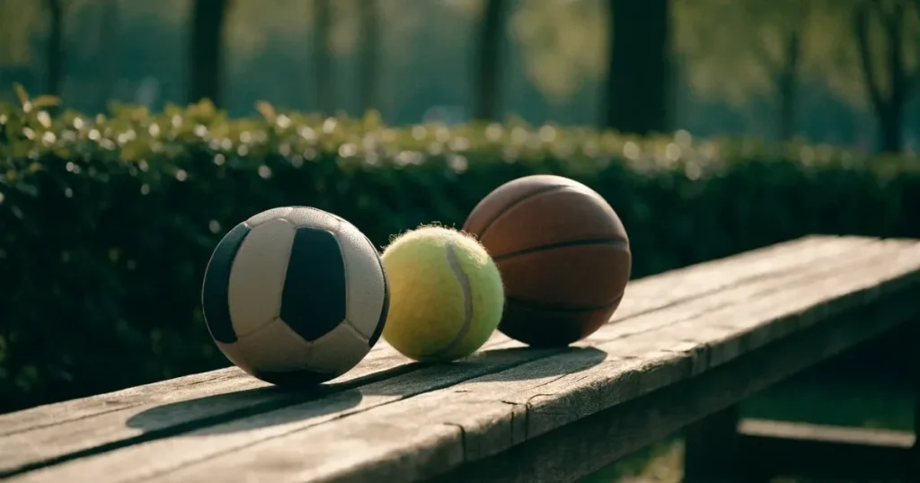 Tre palloni di sport diversi allineati uno accanto all'altro su una panca di legno