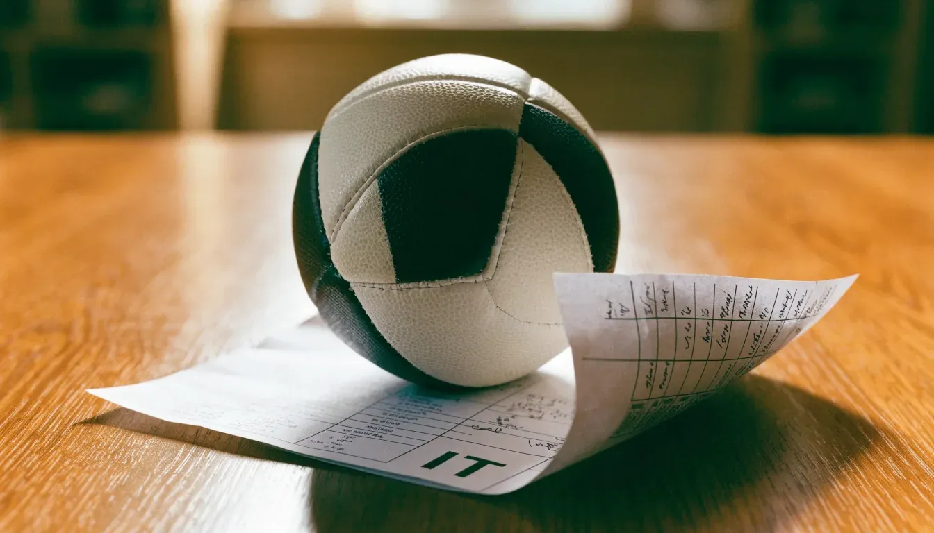 Un pallone da calcio appoggiato su una schedina bianca su un tavolo di legno, alla luce del giorno