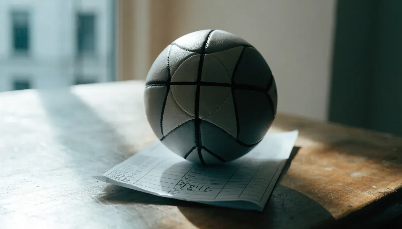 Un pallone da calcio appoggiato su una schedina bianca su un tavolo di legno, alla luce del giorno