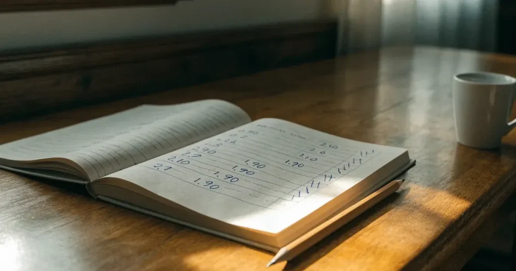 Un quaderno aperto con quote scritte a mano, una calcolatrice e una matita su un tavolo di legno