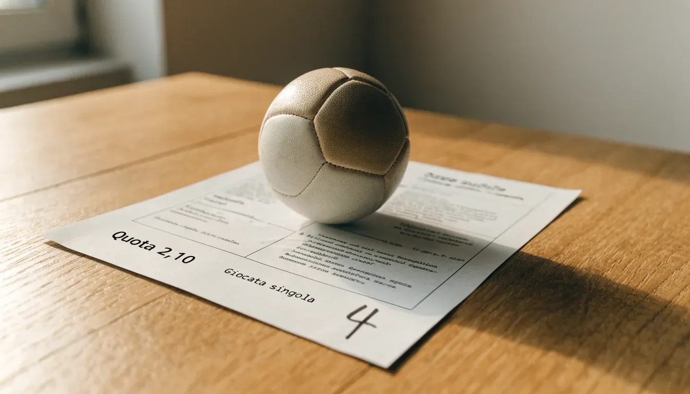 Un pallone da calcio appoggiato su una schedina bianca su un tavolo di legno, alla luce del giorno
