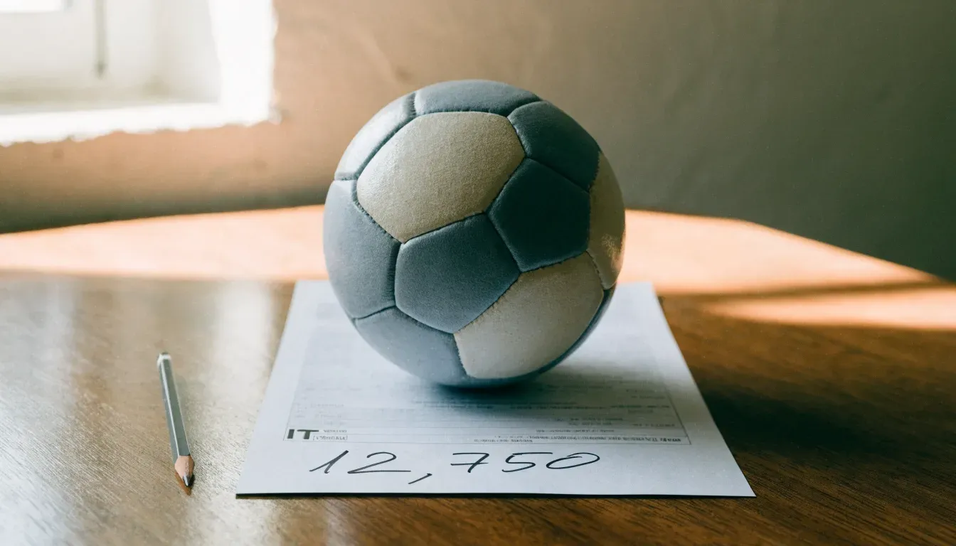 Un pallone da calcio appoggiato su una schedina bianca su un tavolo di legno, alla luce del giorno