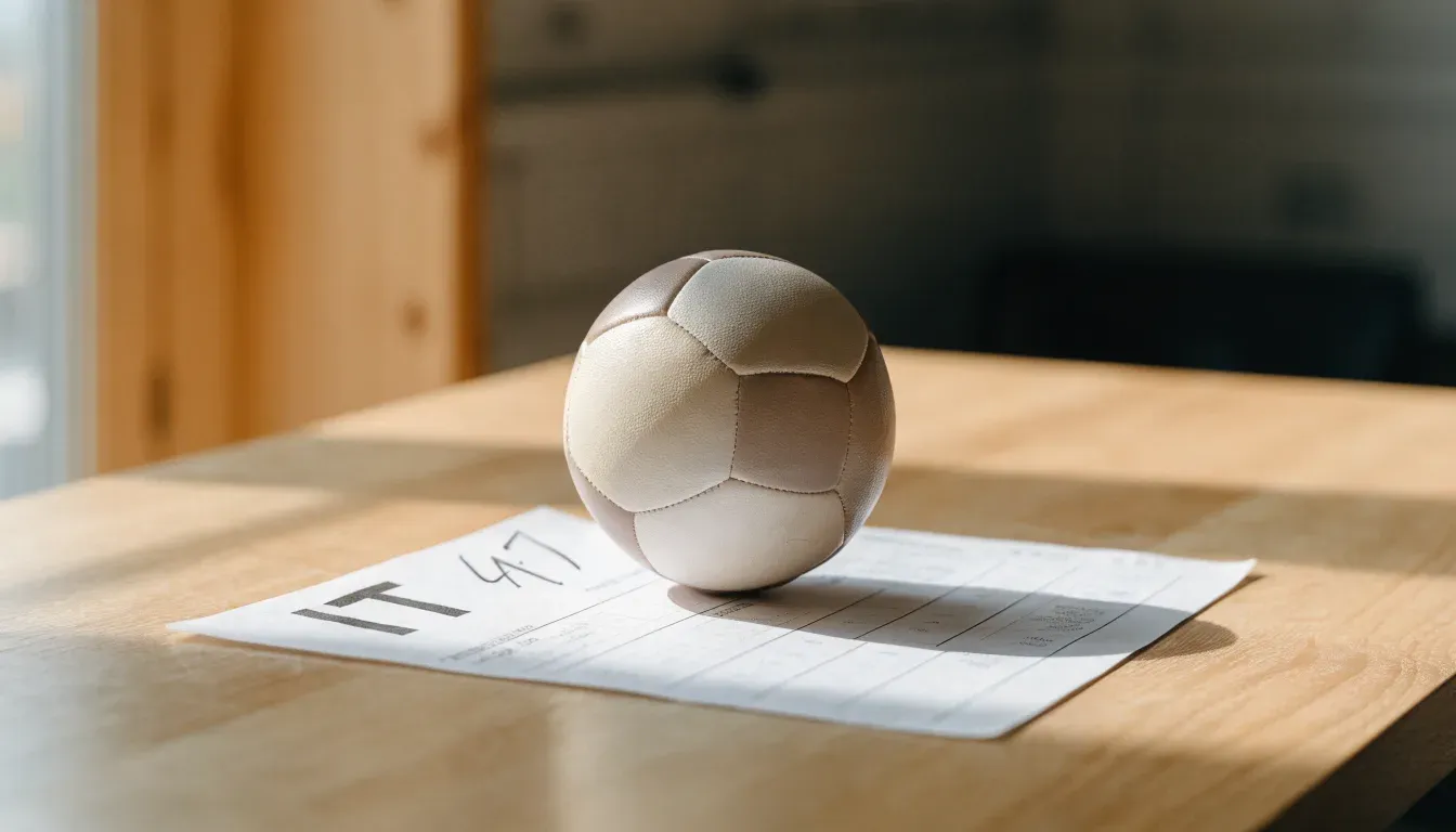 Un pallone da calcio appoggiato su una schedina bianca su un tavolo di legno, alla luce del giorno