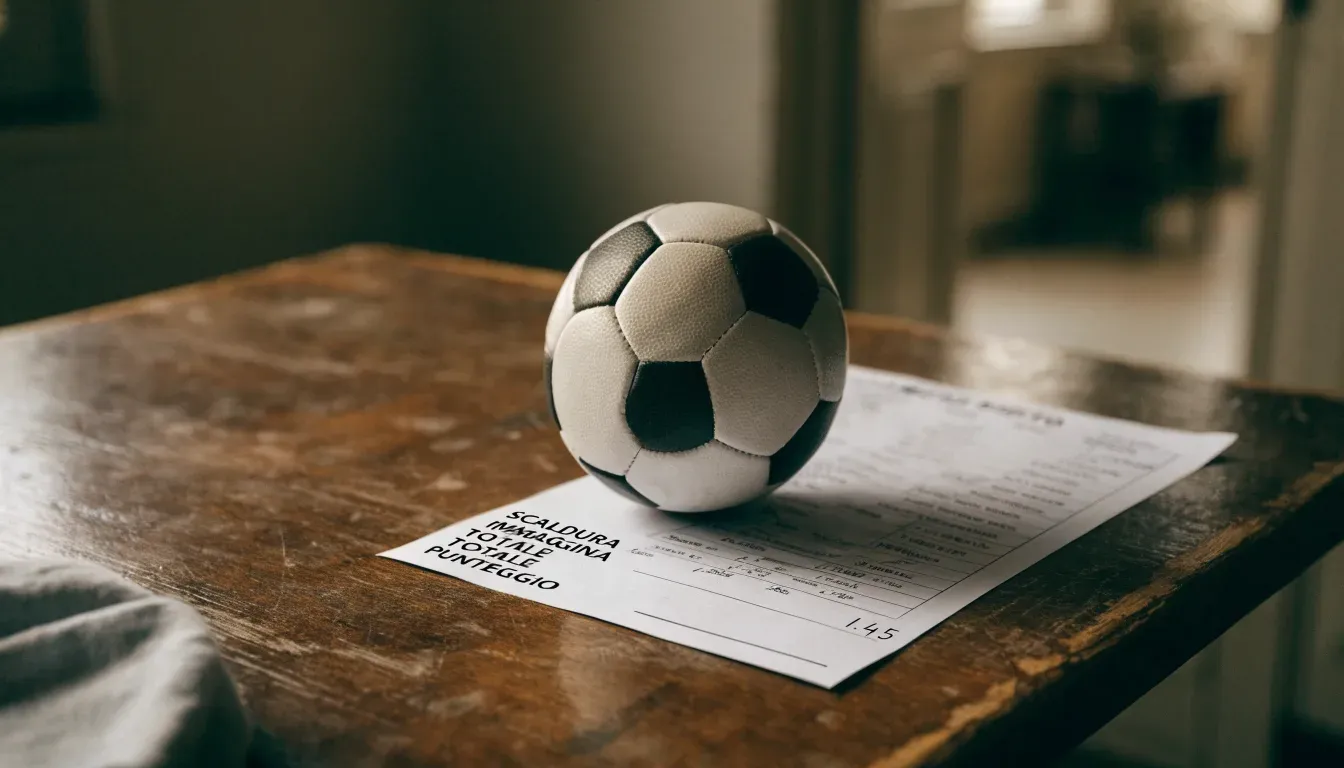 Un pallone da calcio appoggiato su una schedina bianca su un tavolo di legno, alla luce del giorno