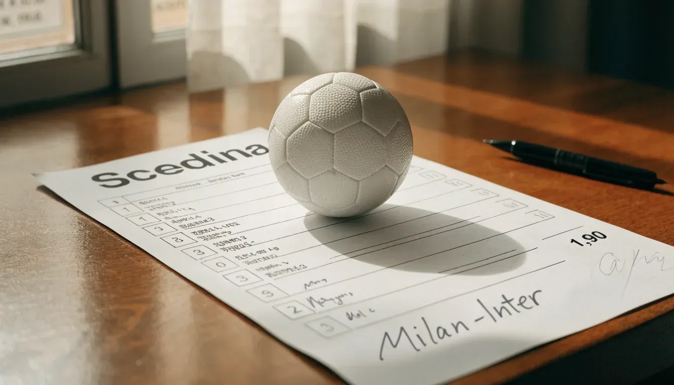 Un pallone da calcio appoggiato su una schedina bianca su un tavolo di legno, alla luce del giorno