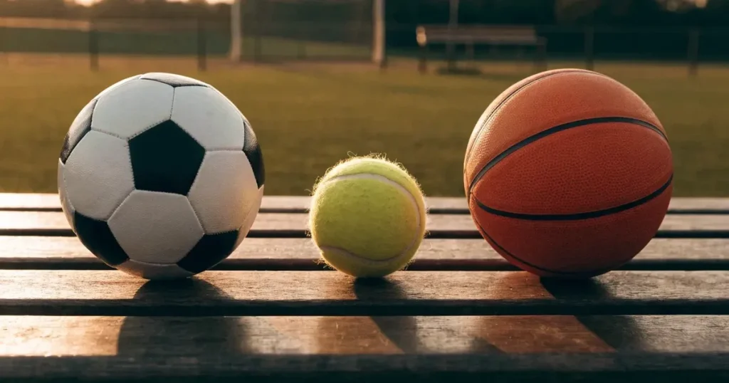 Tre palloni di sport diversi allineati uno accanto all'altro su una panca di legno