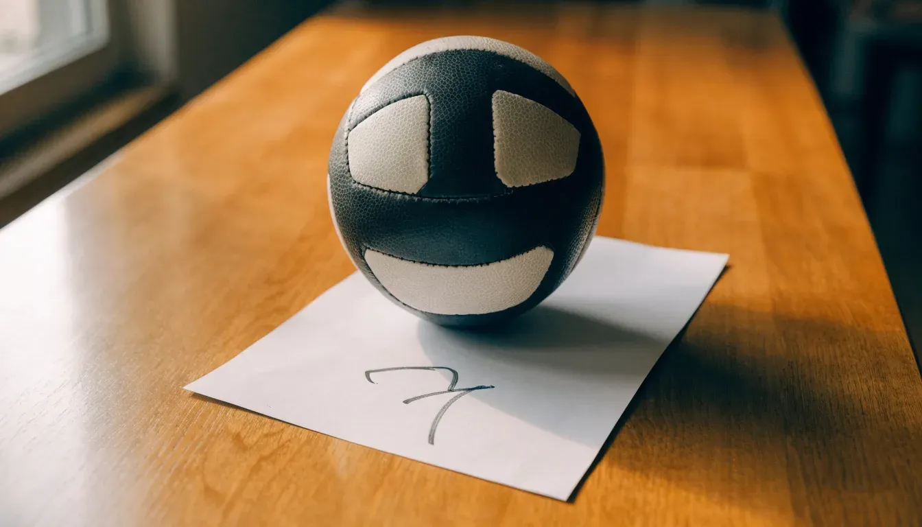 Un pallone da calcio appoggiato su una schedina bianca su un tavolo di legno, alla luce del giorno