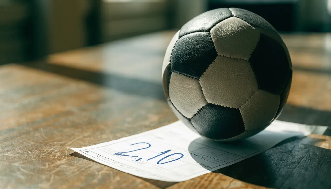 Un pallone da calcio appoggiato su una schedina bianca su un tavolo di legno, alla luce del giorno