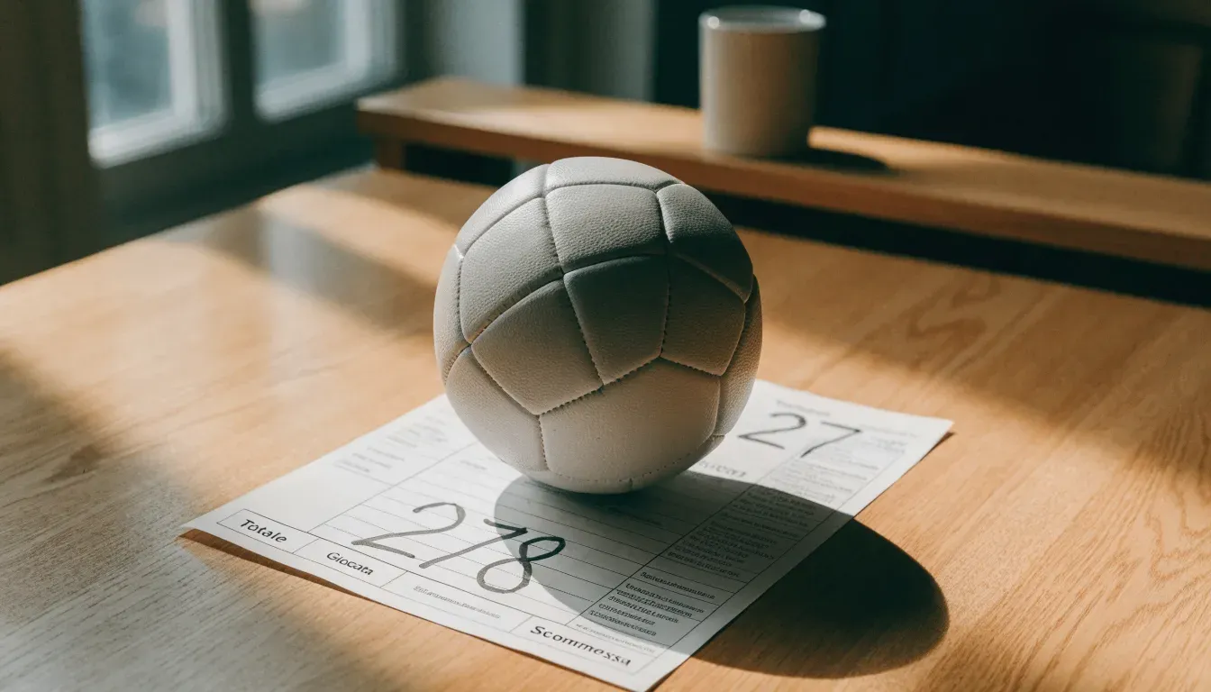 Un pallone da calcio appoggiato su una schedina bianca su un tavolo di legno, alla luce del giorno