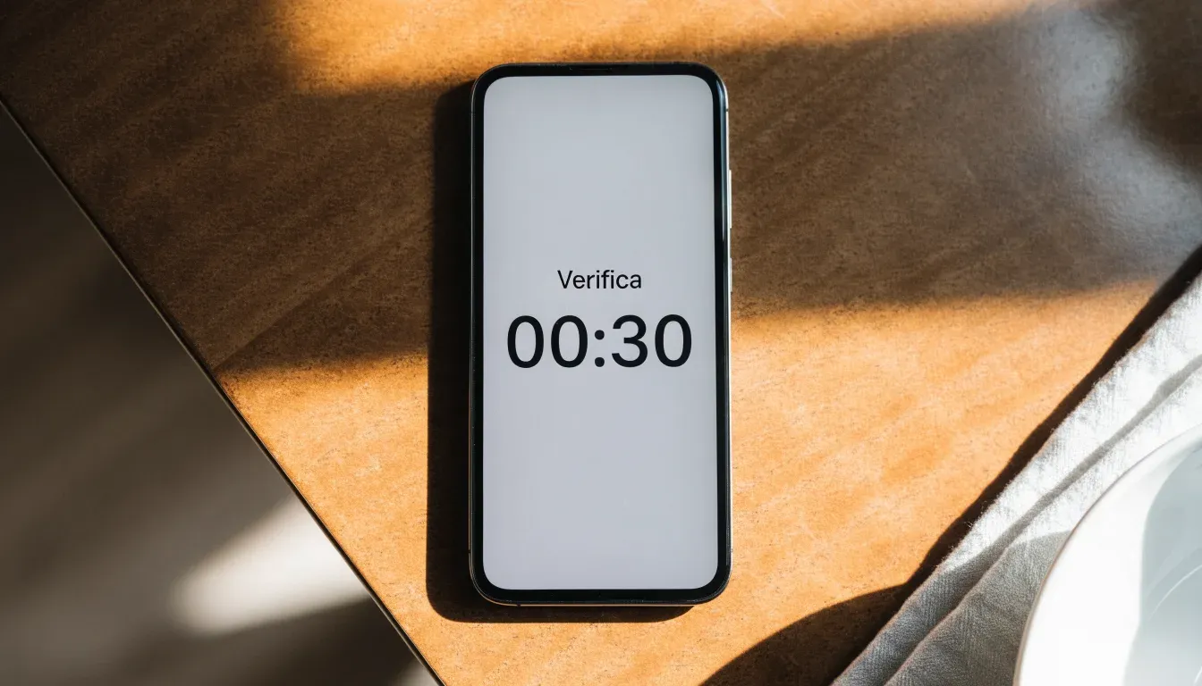 Un documento di identità appoggiato accanto a uno smartphone con un timer sullo schermo, su un tavolo da cucina
