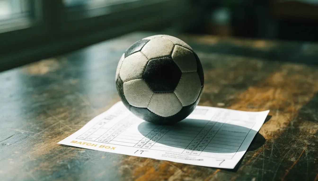 Un pallone da calcio appoggiato su una schedina bianca su un tavolo di legno, alla luce del giorno