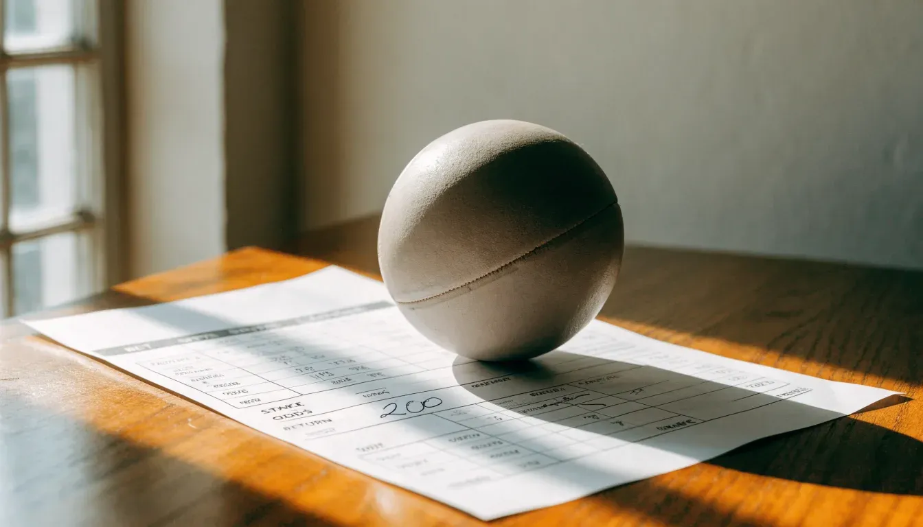 Un pallone da calcio appoggiato su una schedina bianca su un tavolo di legno, alla luce del giorno