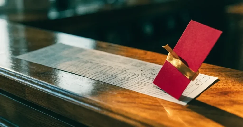 Un biglietto regalo con un nastro dorato accanto a una schedina su un bancone di legno