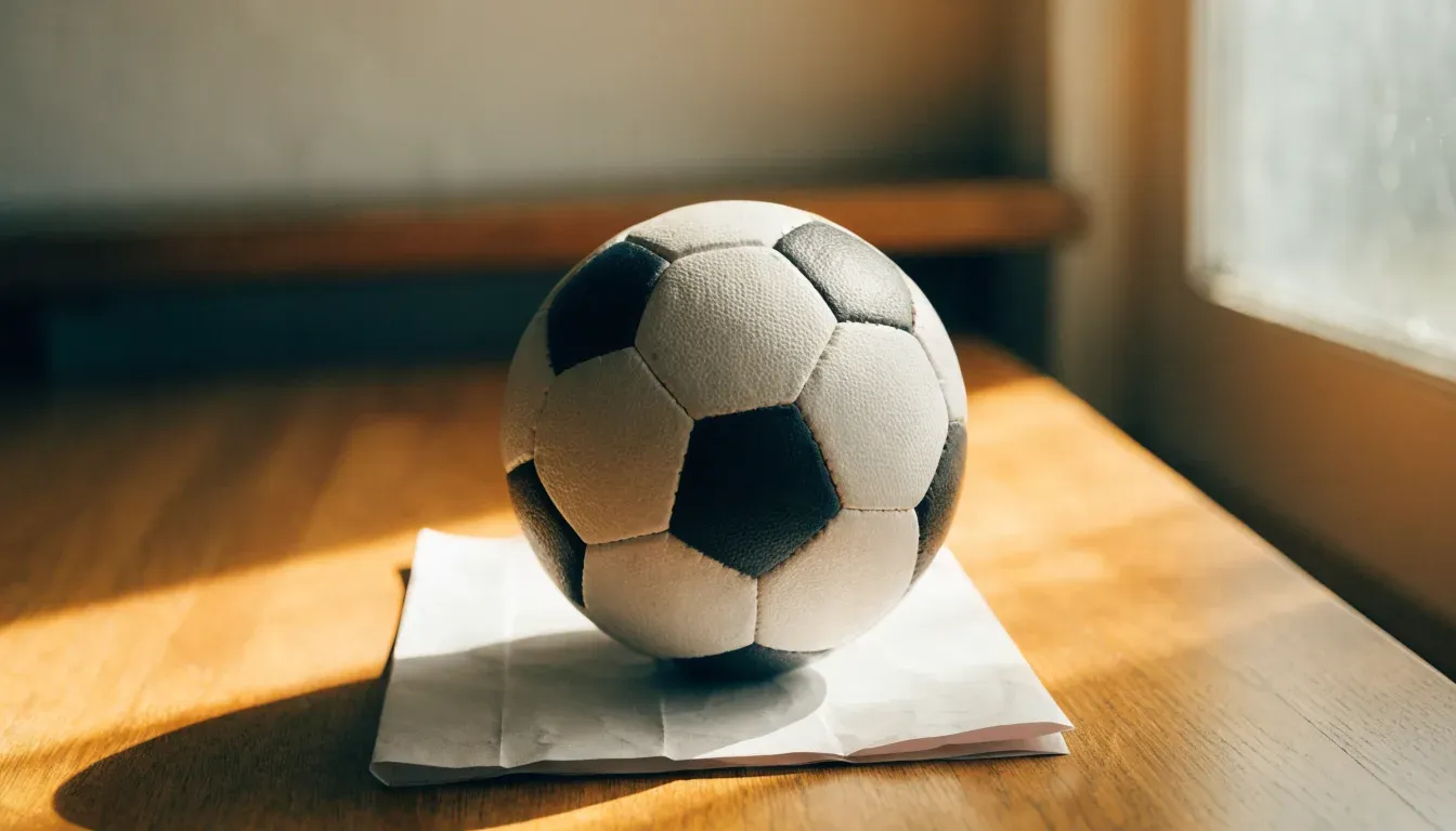 Un pallone da calcio appoggiato su una schedina bianca su un tavolo di legno, alla luce del giorno