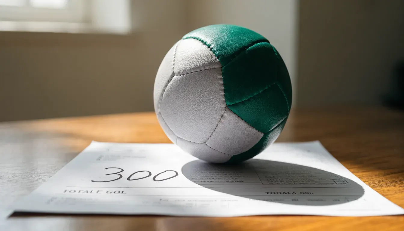 Un pallone da calcio appoggiato su una schedina bianca su un tavolo di legno, alla luce del giorno