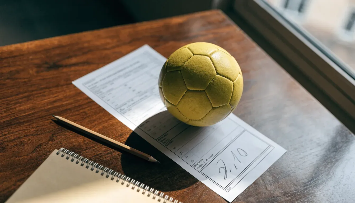 Un pallone da calcio appoggiato su una schedina bianca su un tavolo di legno, alla luce del giorno