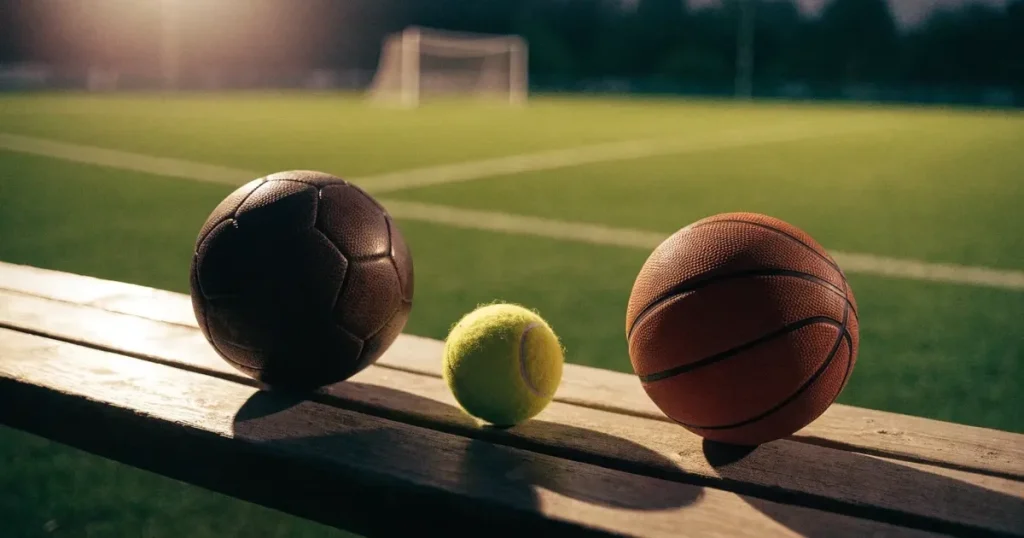 Tre palloni di sport diversi allineati uno accanto all'altro su una panca di legno