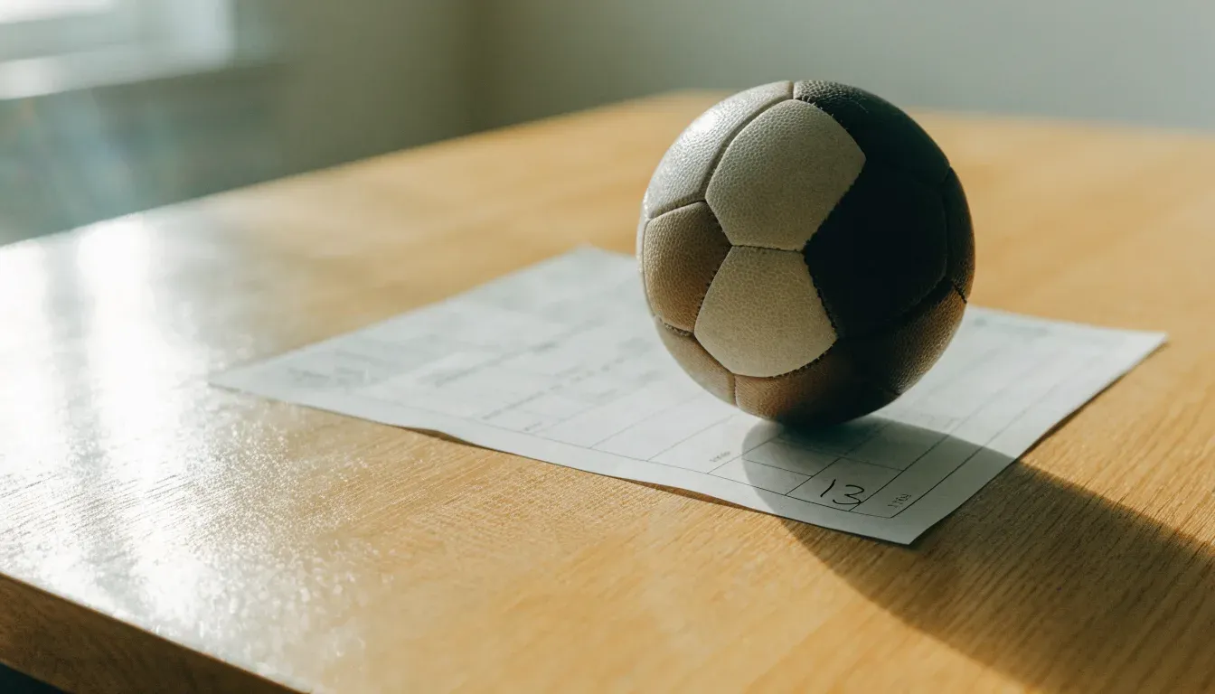 Un pallone da calcio appoggiato su una schedina bianca su un tavolo di legno, alla luce del giorno