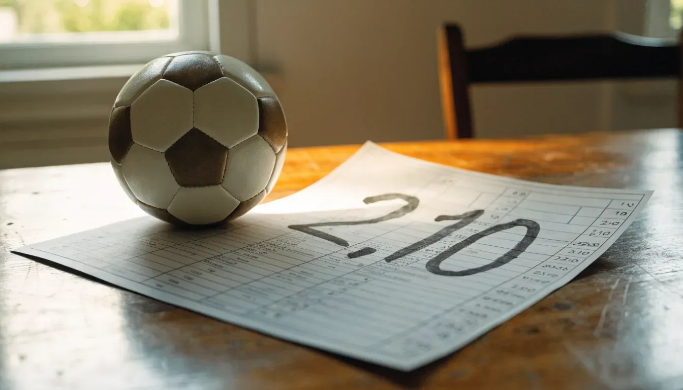 Un pallone da calcio appoggiato su una schedina bianca su un tavolo di legno, alla luce del giorno