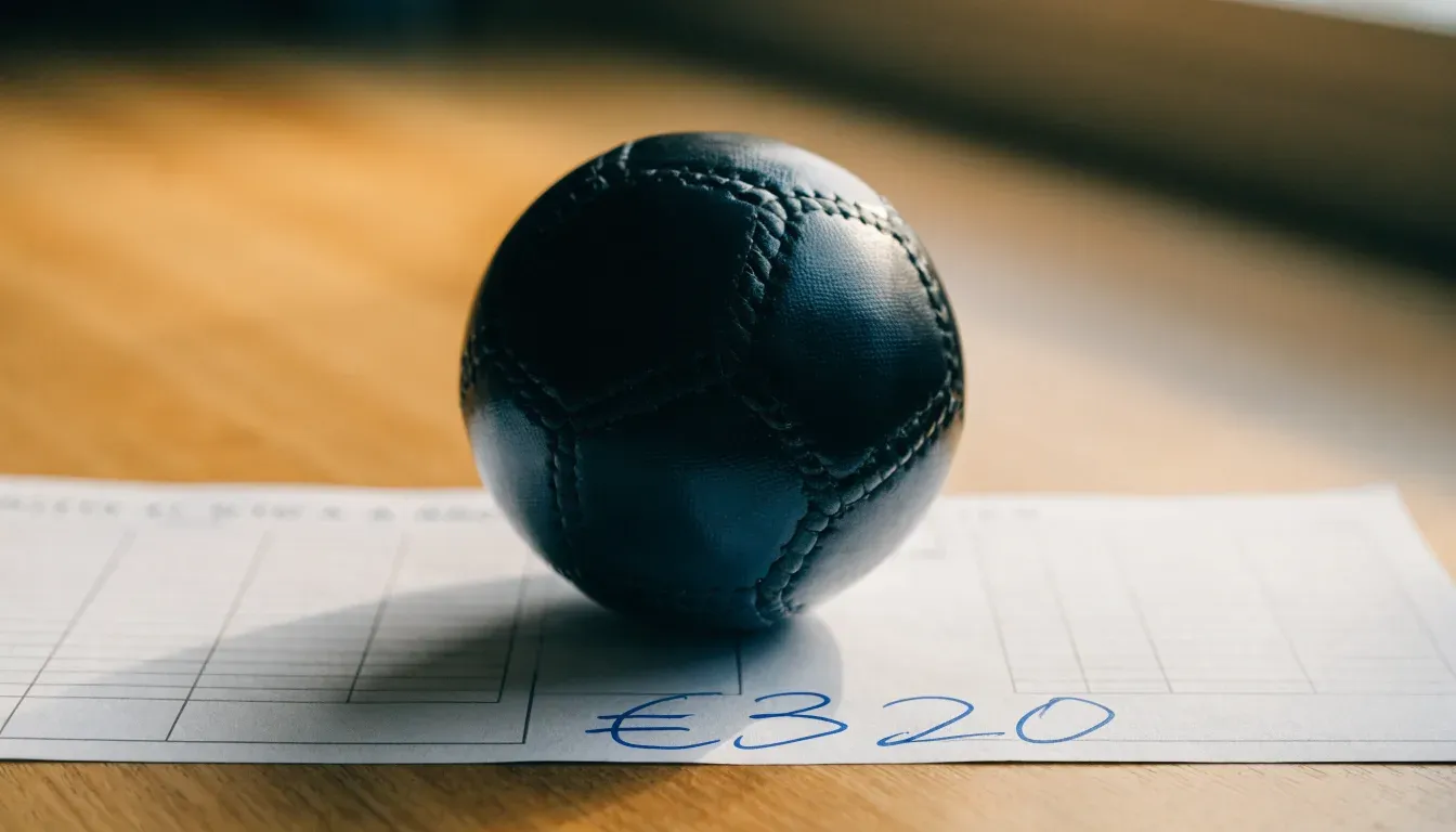 Un pallone da calcio appoggiato su una schedina bianca su un tavolo di legno, alla luce del giorno
