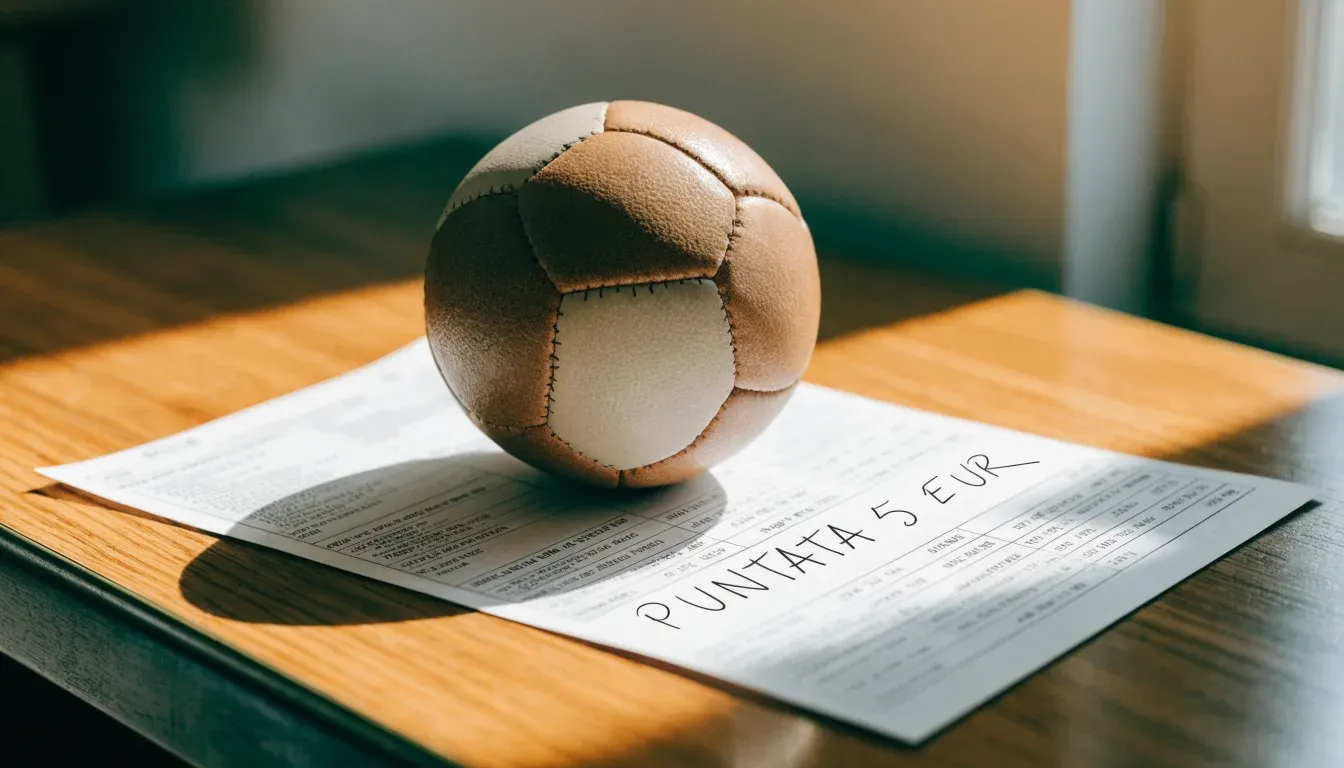 Un pallone da calcio appoggiato su una schedina bianca su un tavolo di legno, alla luce del giorno