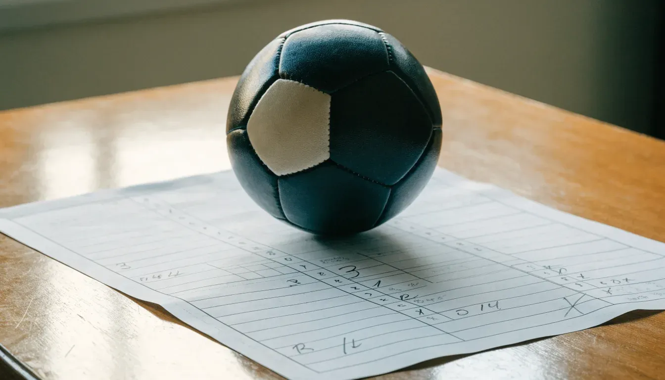 Un pallone da calcio appoggiato su una schedina bianca su un tavolo di legno, alla luce del giorno