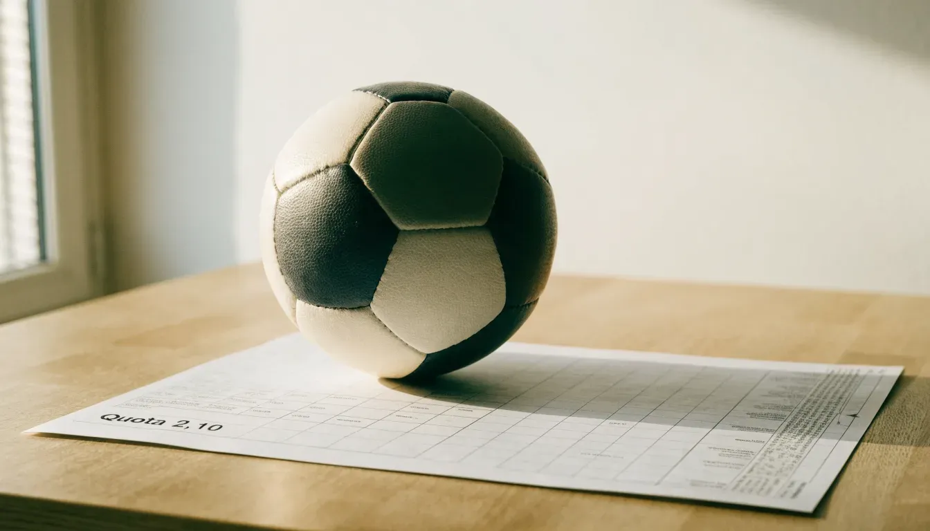 Un pallone da calcio appoggiato su una schedina bianca su un tavolo di legno, alla luce del giorno