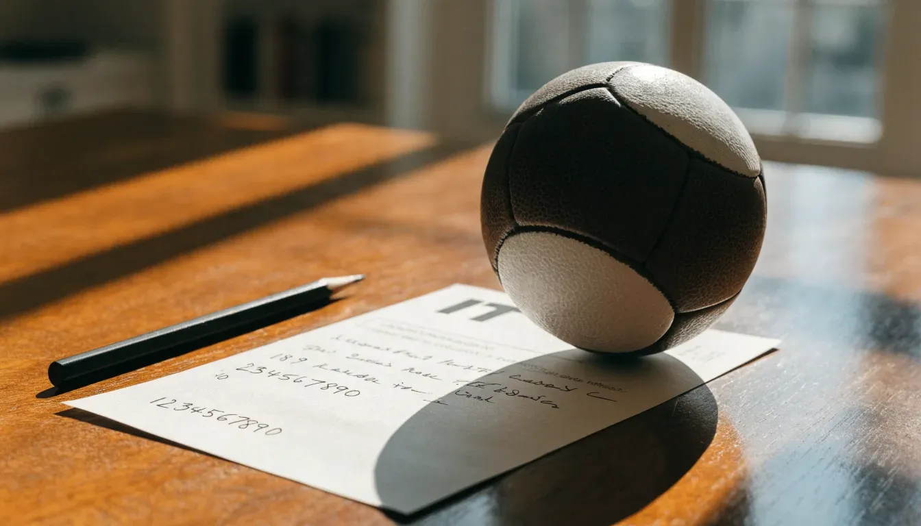 Un pallone da calcio appoggiato su una schedina bianca su un tavolo di legno, alla luce del giorno