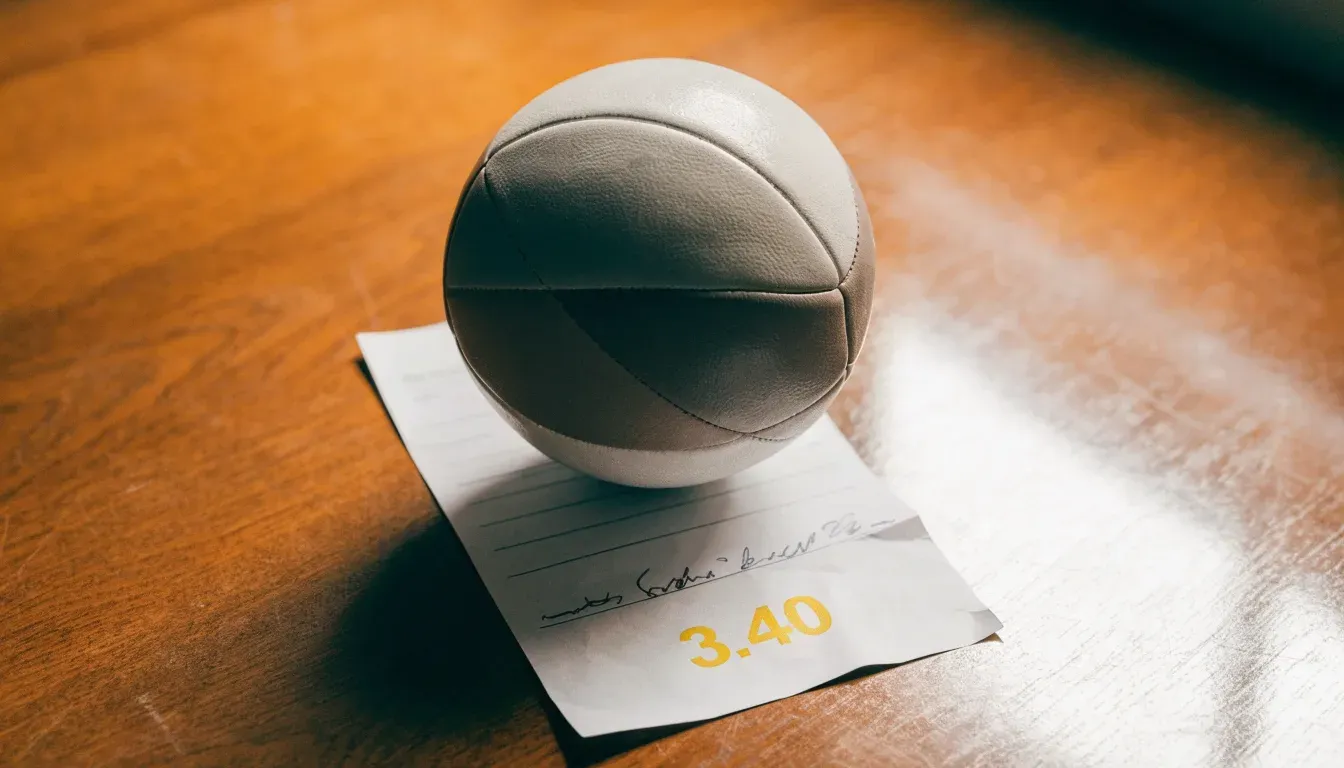 Un pallone da calcio appoggiato su una schedina bianca su un tavolo di legno, alla luce del giorno