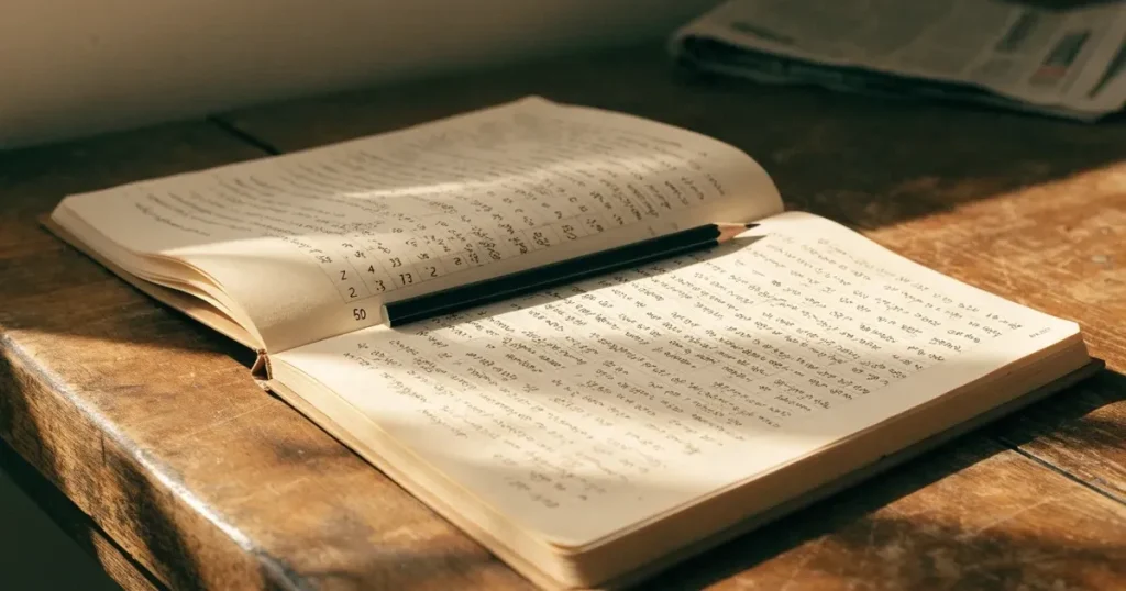Un quaderno aperto con quote scritte a mano, una calcolatrice e una matita su un tavolo di legno