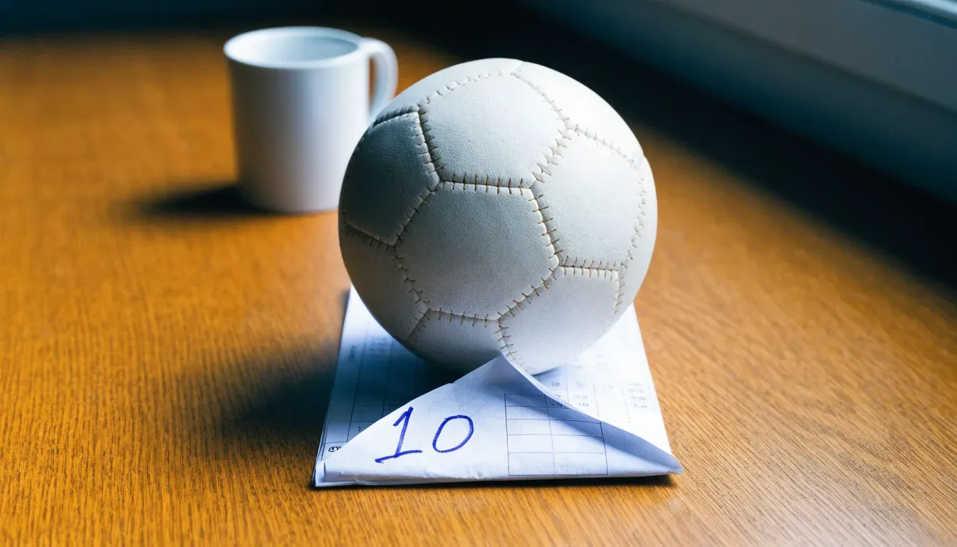 Un pallone da calcio appoggiato su una schedina bianca su un tavolo di legno, alla luce del giorno