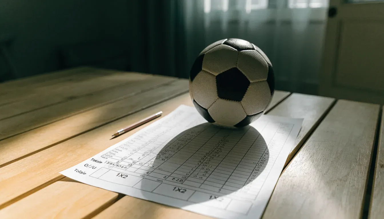 Un pallone da calcio appoggiato su una schedina bianca su un tavolo di legno, alla luce del giorno