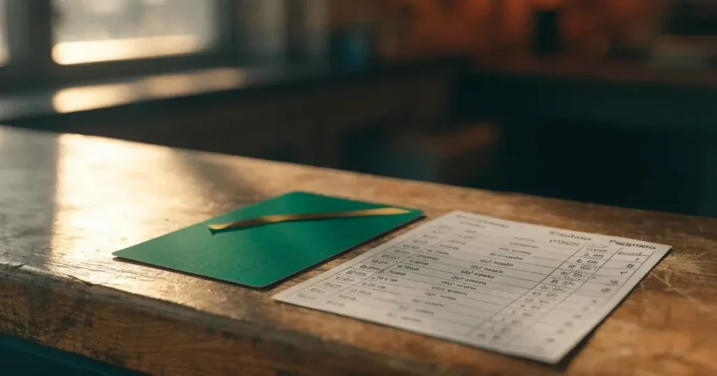 Un biglietto regalo con un nastro dorato accanto a una schedina su un bancone di legno