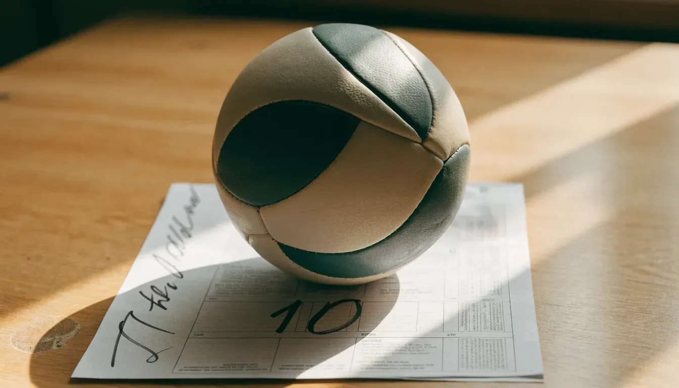 Un pallone da calcio appoggiato su una schedina bianca su un tavolo di legno, alla luce del giorno