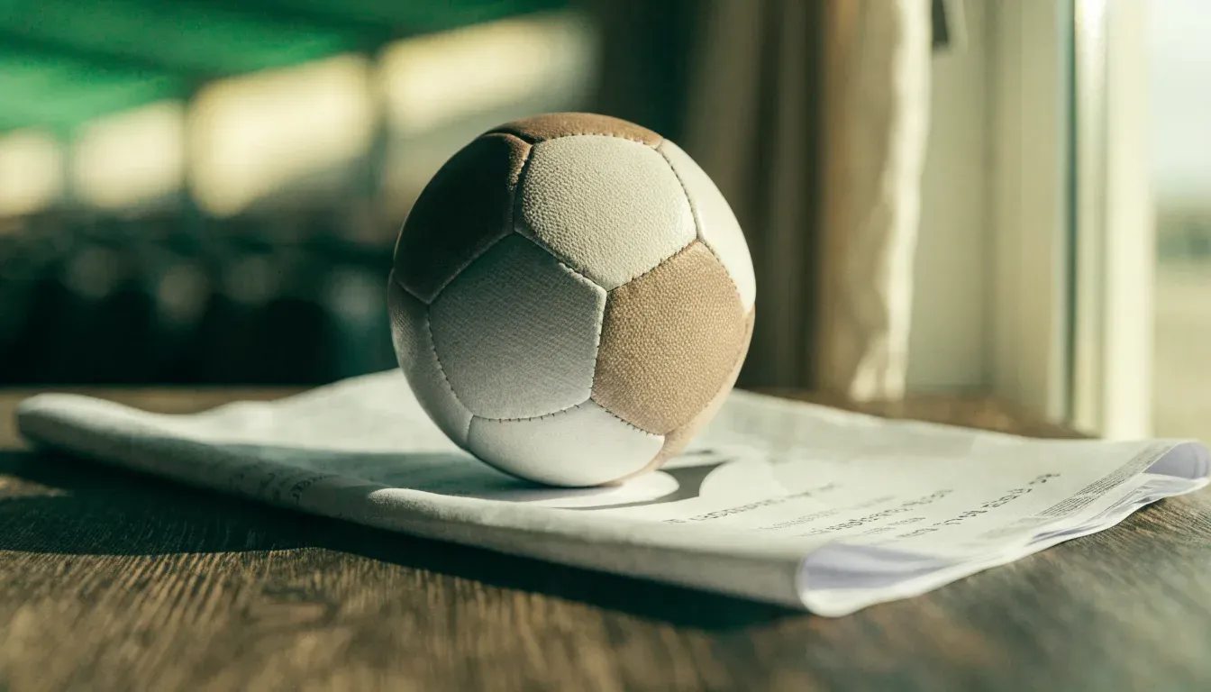 Un pallone da calcio appoggiato su una schedina bianca su un tavolo di legno, alla luce del giorno